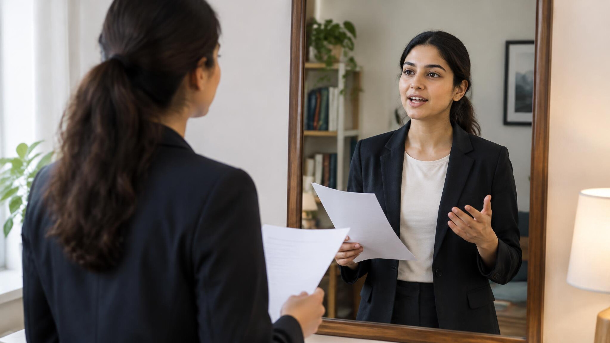 woman practicing speech in mirror