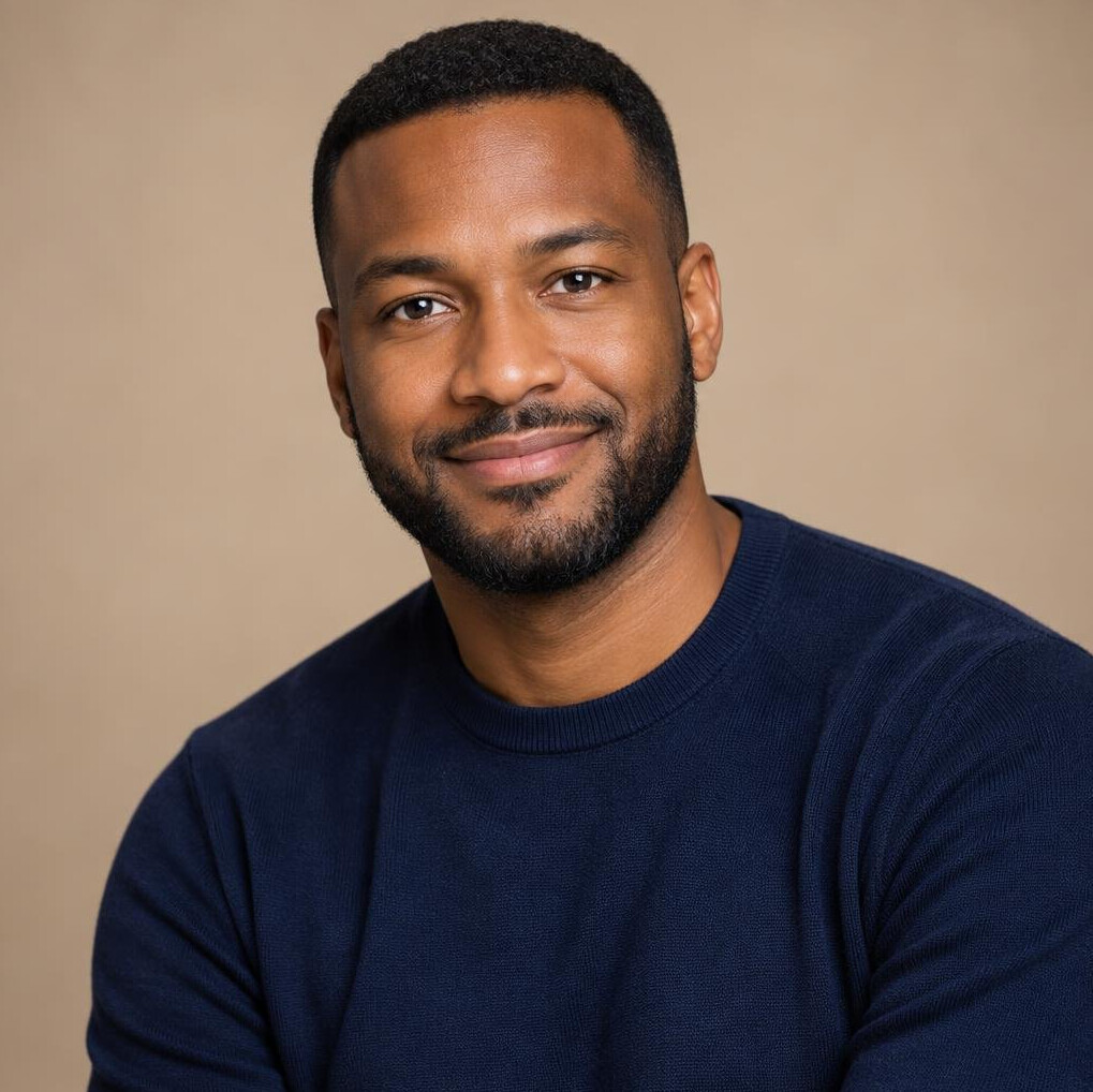 Professional studio portrait of a Black German man on-air communication coach