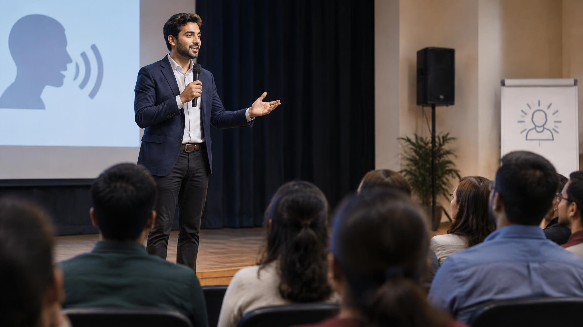 man giving speech on stage