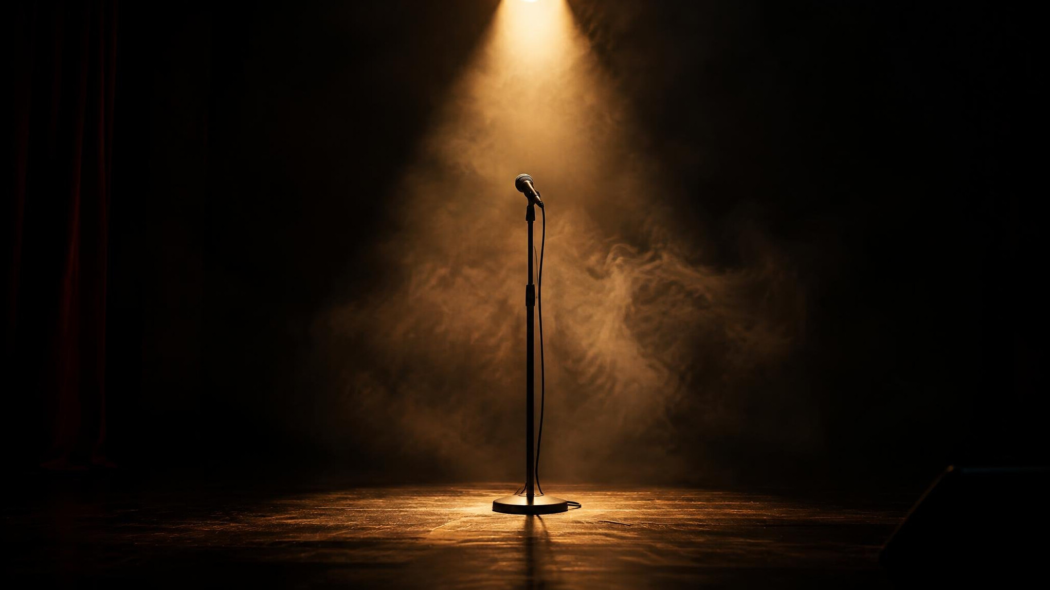 Dark stage with a single spotlight and standing microphone