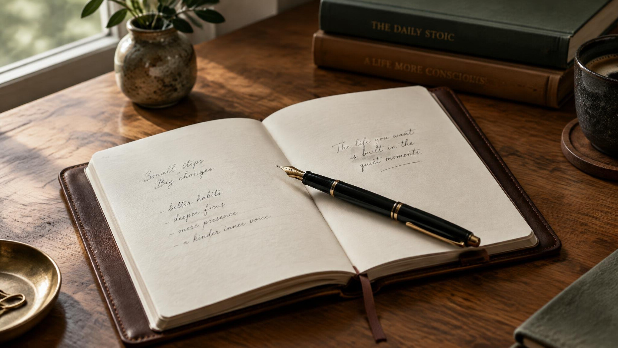 Open notebook with handwritten notes and a fountain pen on a wooden desk