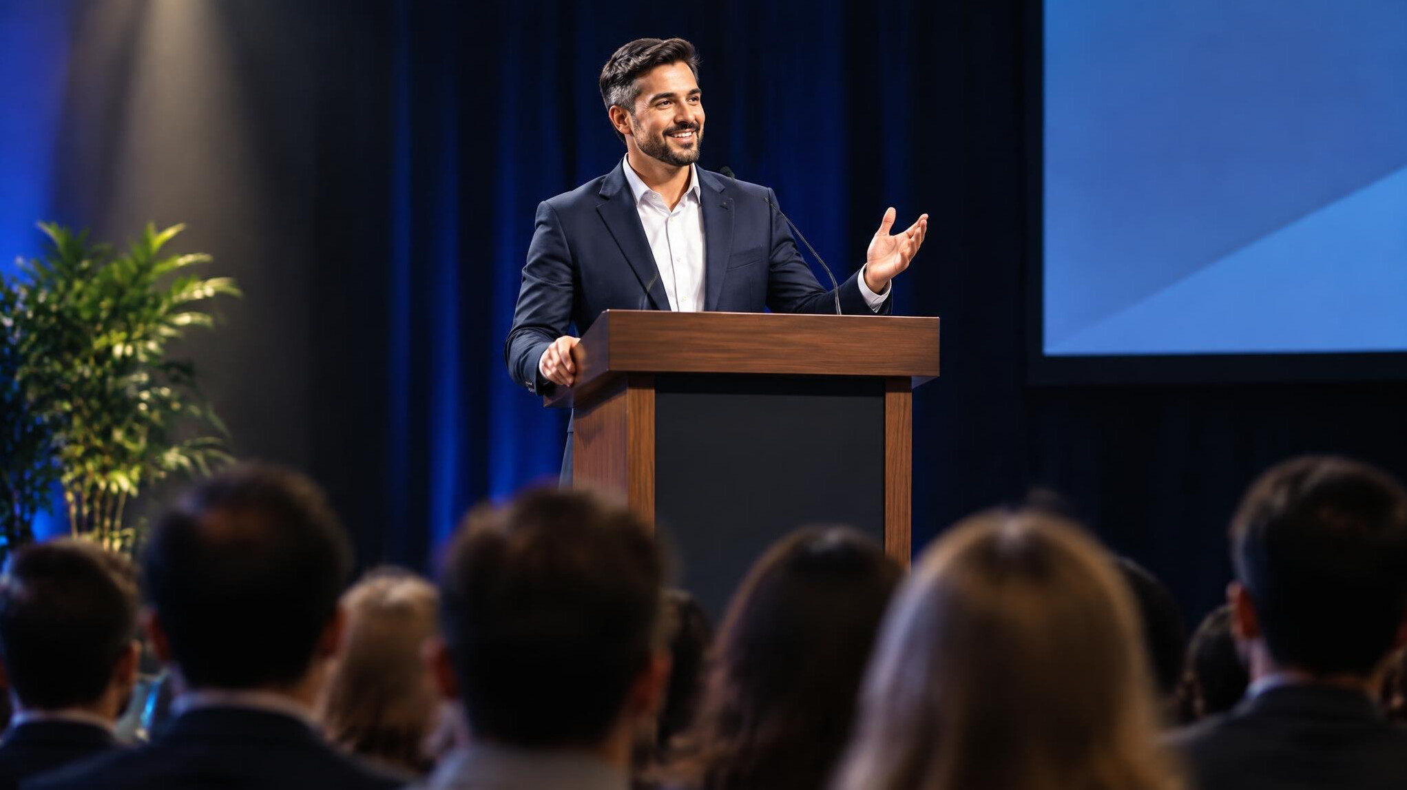 speaker on stage with audience