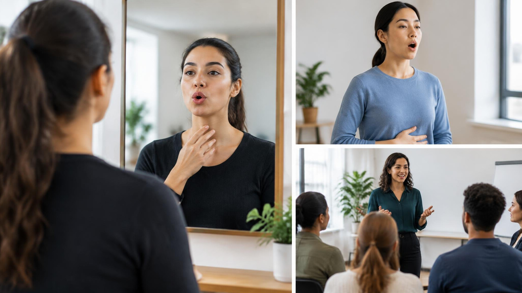 woman practicing speech in mirror